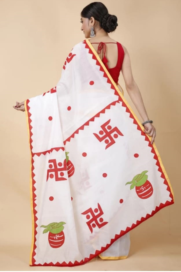 Grey Red Blended Cotton Albela Hand Painted Saree (9003)